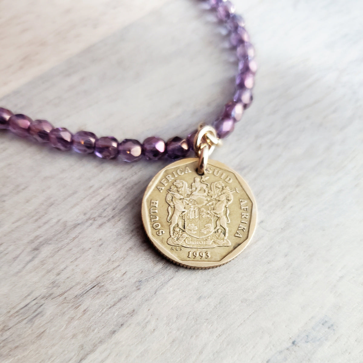 South Africa Arum Lily Coin Necklace, Purple Glass Bead Chain, Bronze Hook Clasp, Old Coin Charm, Made in USA, E. Ria Designs, Gift Box