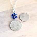 1986 Jamaica Flower 10 Cent Coin Necklace, Cobalt Blue Czech Glass Flower Bead Silver Detail, 925 Sterling Silver Cable Chain, Gift Boxed
