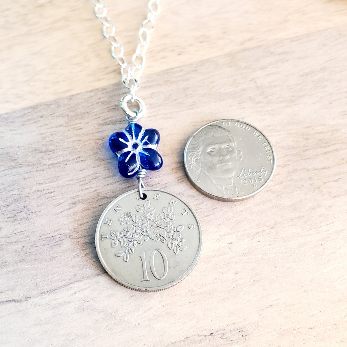 1986 Jamaica Flower 10 Cent Coin Necklace, Cobalt Blue Czech Glass Flower Bead Silver Detail, 925 Sterling Silver Cable Chain, Gift Boxed