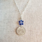 1986 Jamaica Flower 10 Cent Coin Necklace, Cobalt Blue Czech Glass Flower Bead Silver Detail, 925 Sterling Silver Cable Chain, Gift Boxed