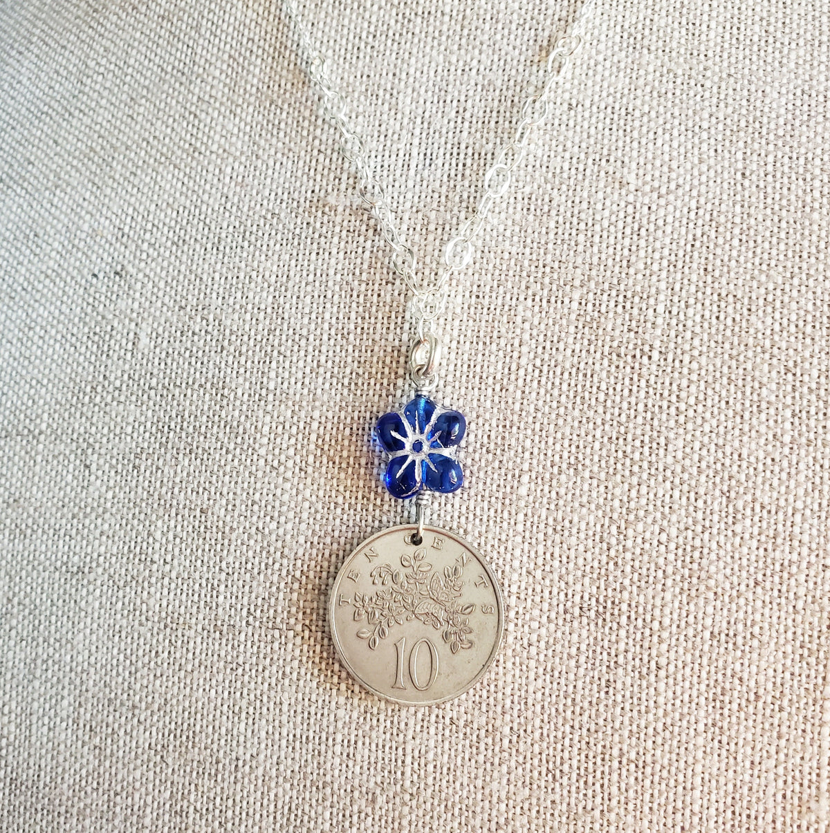 1986 Jamaica Flower 10 Cent Coin Necklace, Cobalt Blue Czech Glass Flower Bead Silver Detail, 925 Sterling Silver Cable Chain, Gift Boxed