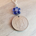 1986 Jamaica Flower 10 Cent Coin Necklace, Cobalt Blue Czech Glass Flower Bead Silver Detail, 925 Sterling Silver Cable Chain, Gift Boxed