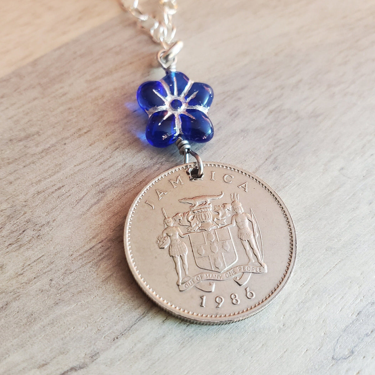 1986 Jamaica Flower 10 Cent Coin Necklace, Cobalt Blue Czech Glass Flower Bead Silver Detail, 925 Sterling Silver Cable Chain, Gift Boxed