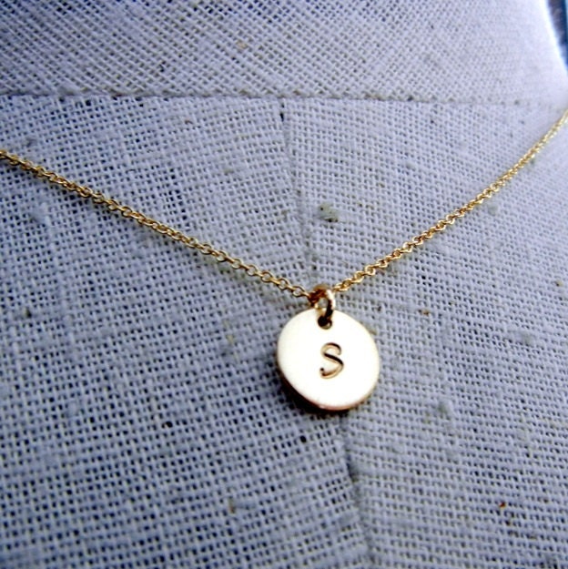 Gold Initial Necklace, Gold Letter Charm Necklace, Round,  14K GF - JENNA GOLD by E. Ria Designs
