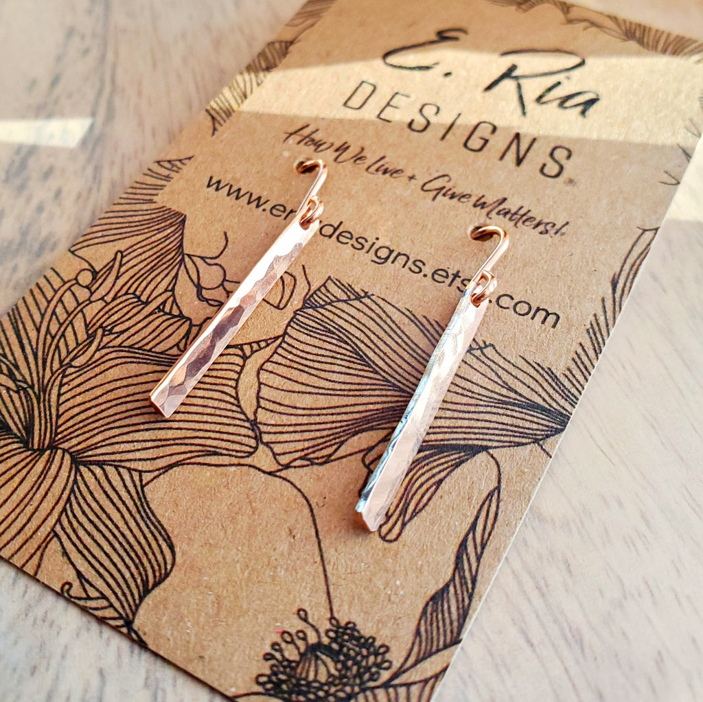 Hammered Rose Gold Filled Skinny Vertical Bar Earrings, French Ear Wires, 14K GF, Gift Boxed, Minimalist Design, E. Ria Designs, Made in USA