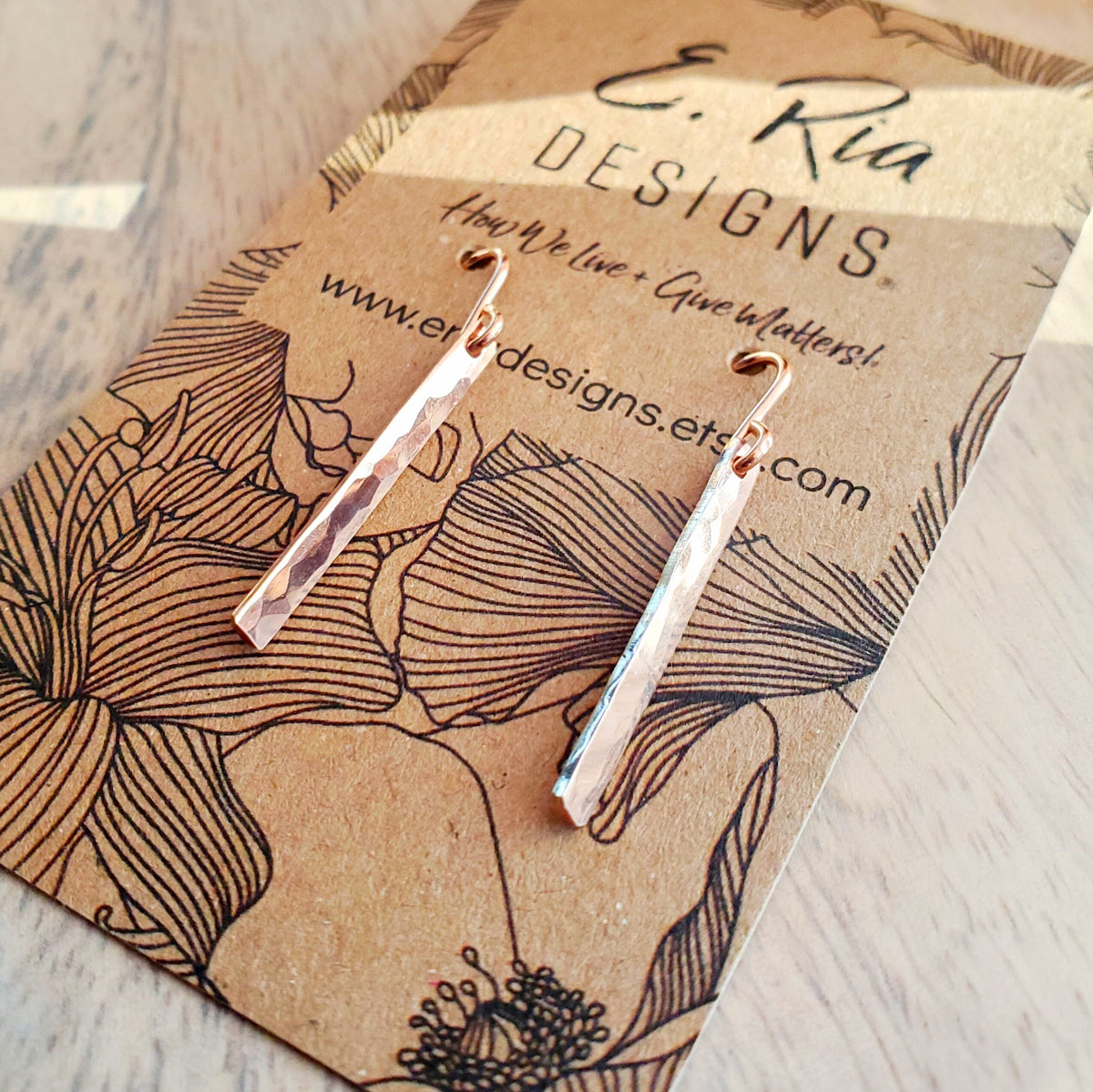 Hammered Rose Gold Filled Skinny Vertical Bar Earrings, French Ear Wires, 14K GF, Gift Boxed, Minimalist Design, E. Ria Designs, Made in USA