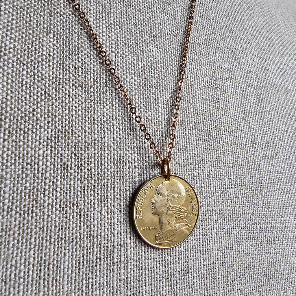 Old Vintage French 20 Centimes Coin Necklace, Brass Cable Chain, Birthday Gift Boxed, Marianne Profile, Handcrafted in USA by E. Ria Designs