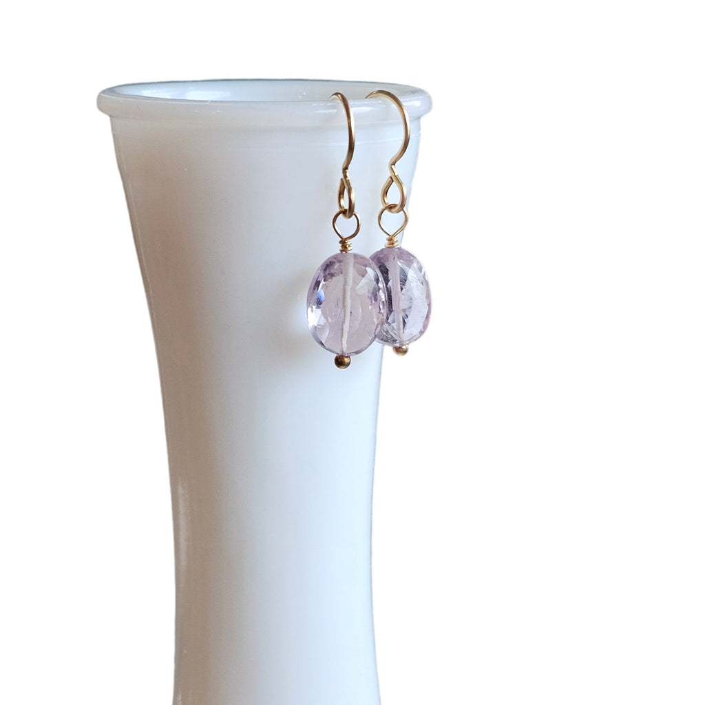 Sparkly Pink + Gold Earrings, 14K Gold Filled Ear Wire, Genuine Faceted Oval Pink Amethyst Beads, February Birth Stone Gift Box Eriadesigns