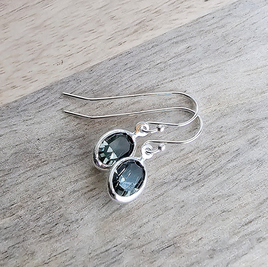 Smokey Gray Oval Bezel Set Crystal Earrings, .925 Sterling Silver Ear Wires, Made in USA, Sparkly Formal Dance Jewelry, Grey Earrings