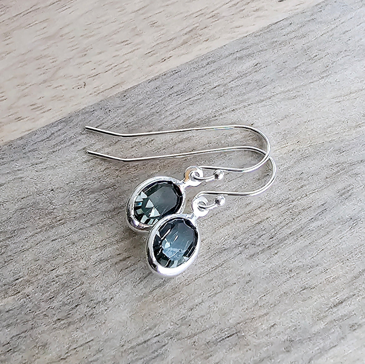 Smokey Gray Oval Bezel Set Crystal Earrings, .925 Sterling Silver Ear Wires, Made in USA, Sparkly Formal Dance Jewelry, Grey Earrings