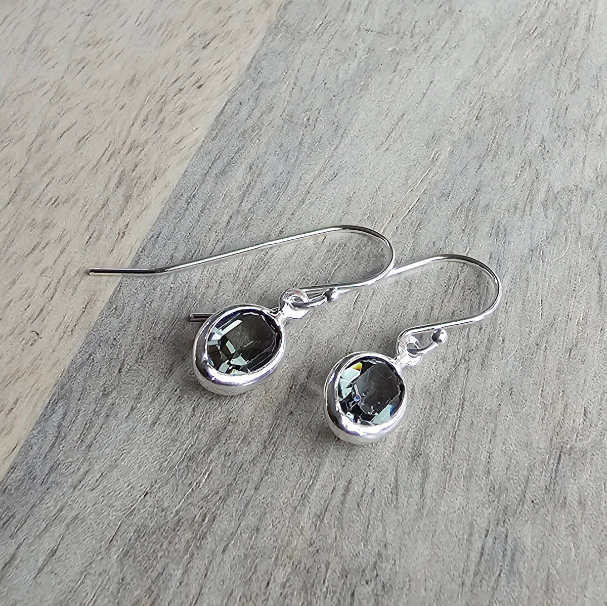 Smokey Gray Oval Bezel Set Crystal Earrings, .925 Sterling Silver Ear Wires, Made in USA, Sparkly Formal Dance Jewelry, Grey Earrings