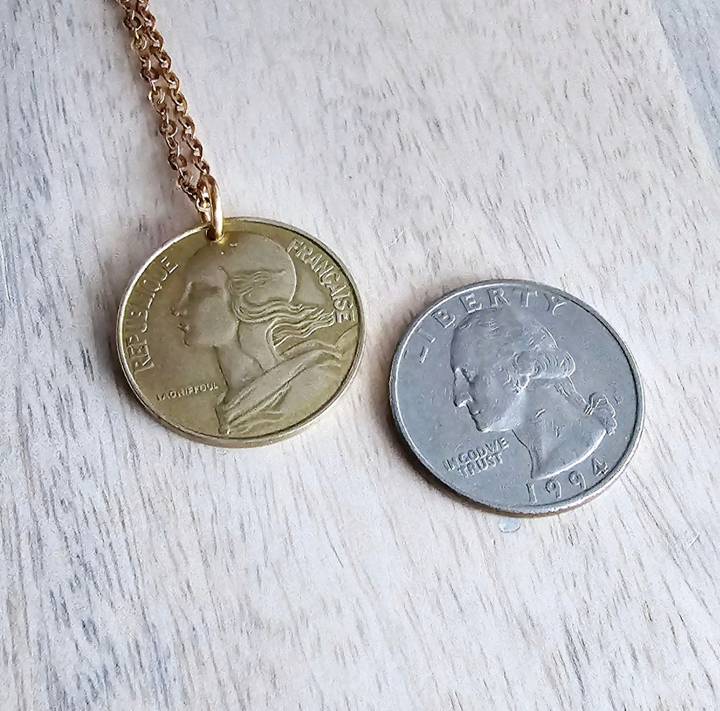 Old Vintage French 20 Centimes Coin Necklace, Brass Cable Chain, Birthday Gift Boxed, Marianne Profile, Handcrafted in USA by E. Ria Designs
