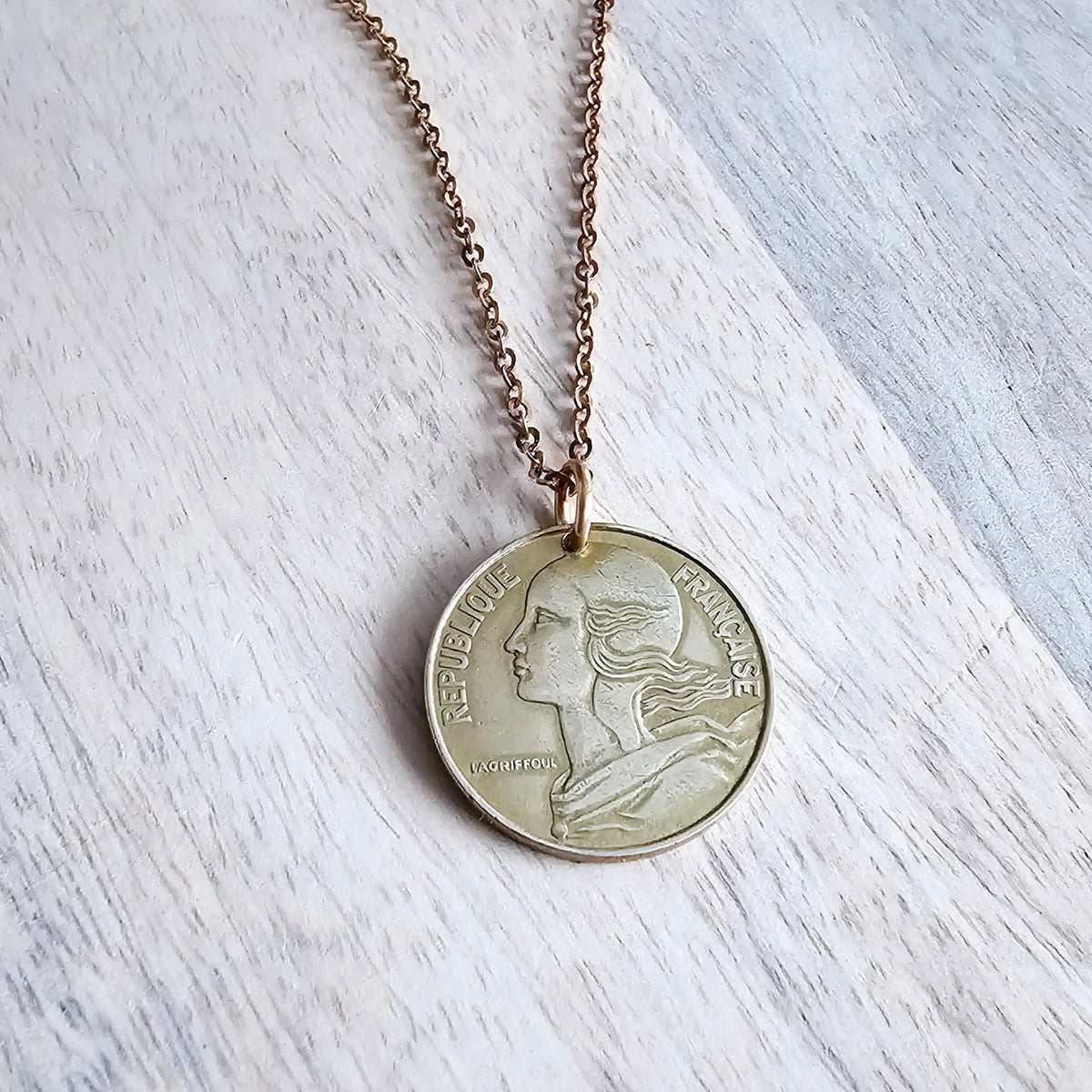 Old Vintage French 20 Centimes Coin Necklace, Brass Cable Chain, Birthday Gift Boxed, Marianne Profile, Handcrafted in USA by E. Ria Designs