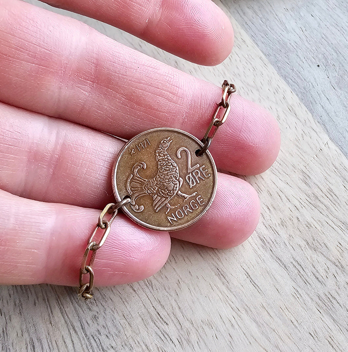 Chicken Bracelet, Crown Coin, Norway 2 Ore Moor Hen, Mint Dates Vary, Brass Paperclip Link Bracelet, Handmade Artisan Jewelry E. Ria Designs