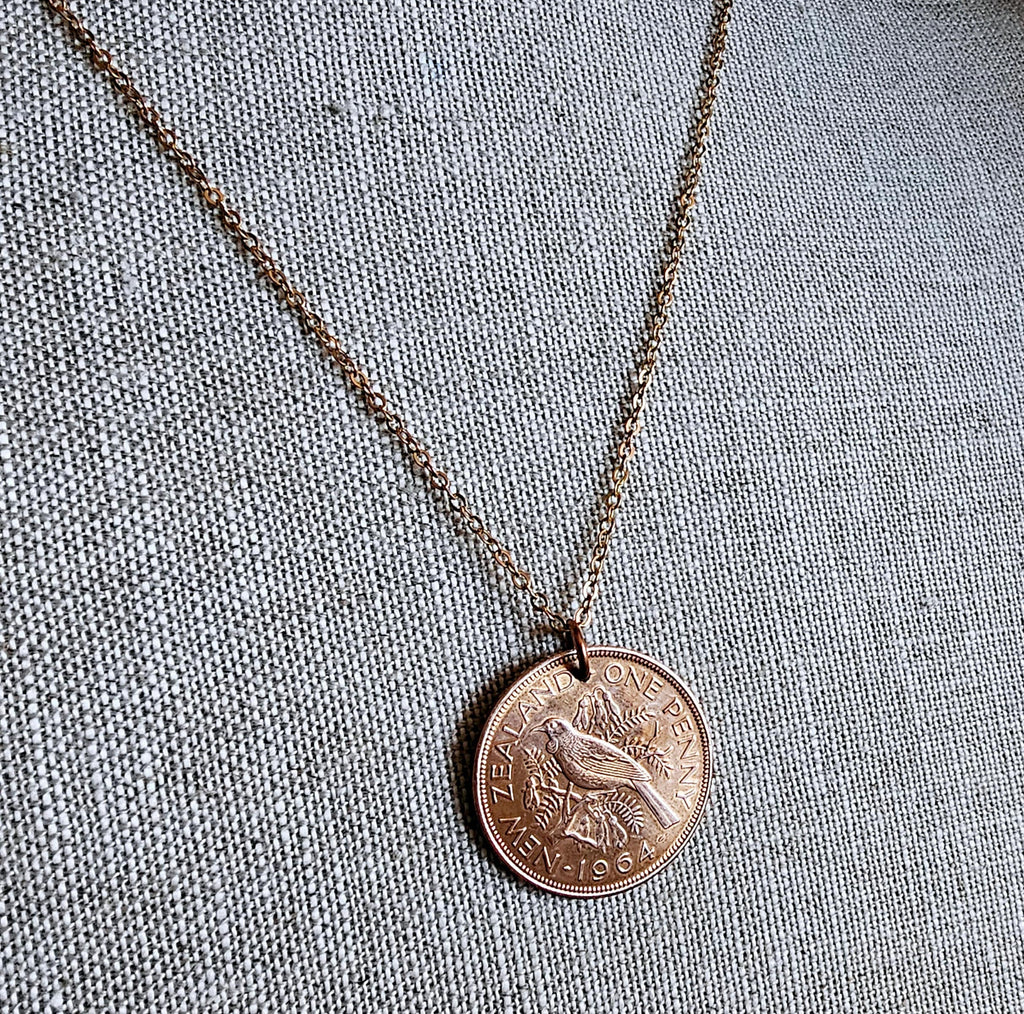 1964 New Zealand One Penny Bird Coin Necklace, One Penny, Large Old Coin, Birthday or Anniversary Gift, Made in USA, Eriadesigns, Gift Boxed