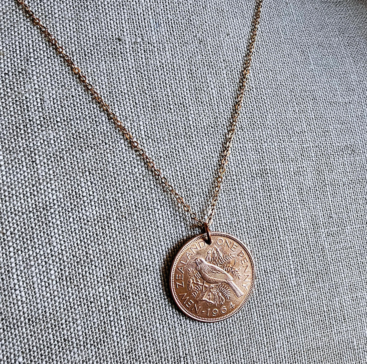 1964 New Zealand One Penny Bird Coin Necklace, One Penny, Large Old Coin, Birthday or Anniversary Gift, Made in USA, Eriadesigns, Gift Boxed