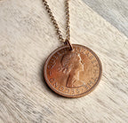 1964 New Zealand One Penny Bird Coin Necklace, One Penny, Large Old Coin, Birthday or Anniversary Gift, Made in USA, Eriadesigns, Gift Boxed