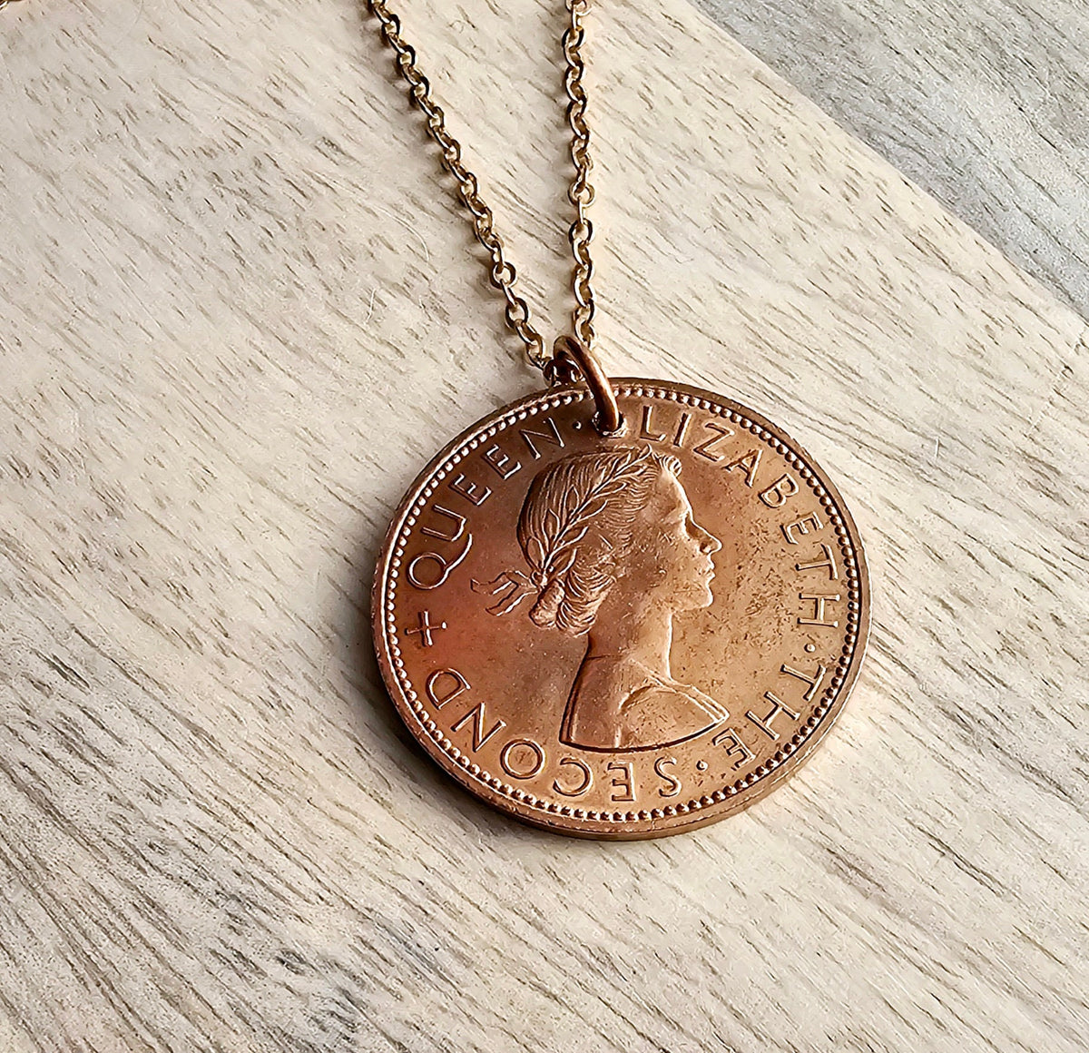 1964 New Zealand One Penny Bird Coin Necklace, One Penny, Large Old Coin, Birthday or Anniversary Gift, Made in USA, Eriadesigns, Gift Boxed