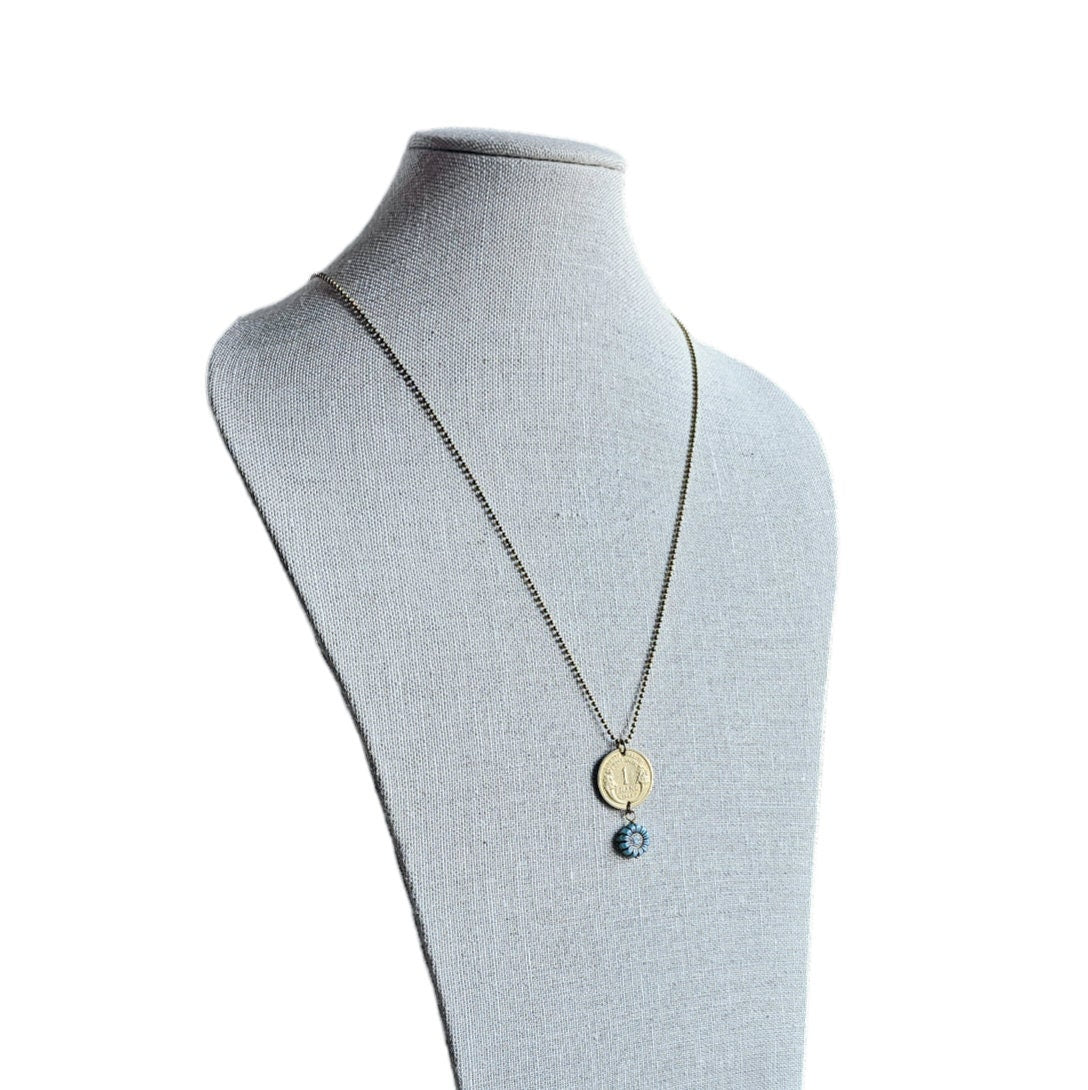 1940 One Franc French Coin Necklace, Made from Genuine Coin from France, Blue Brown Czech Glass Zinnia Flower Bead, Made in USA, Gift Boxed