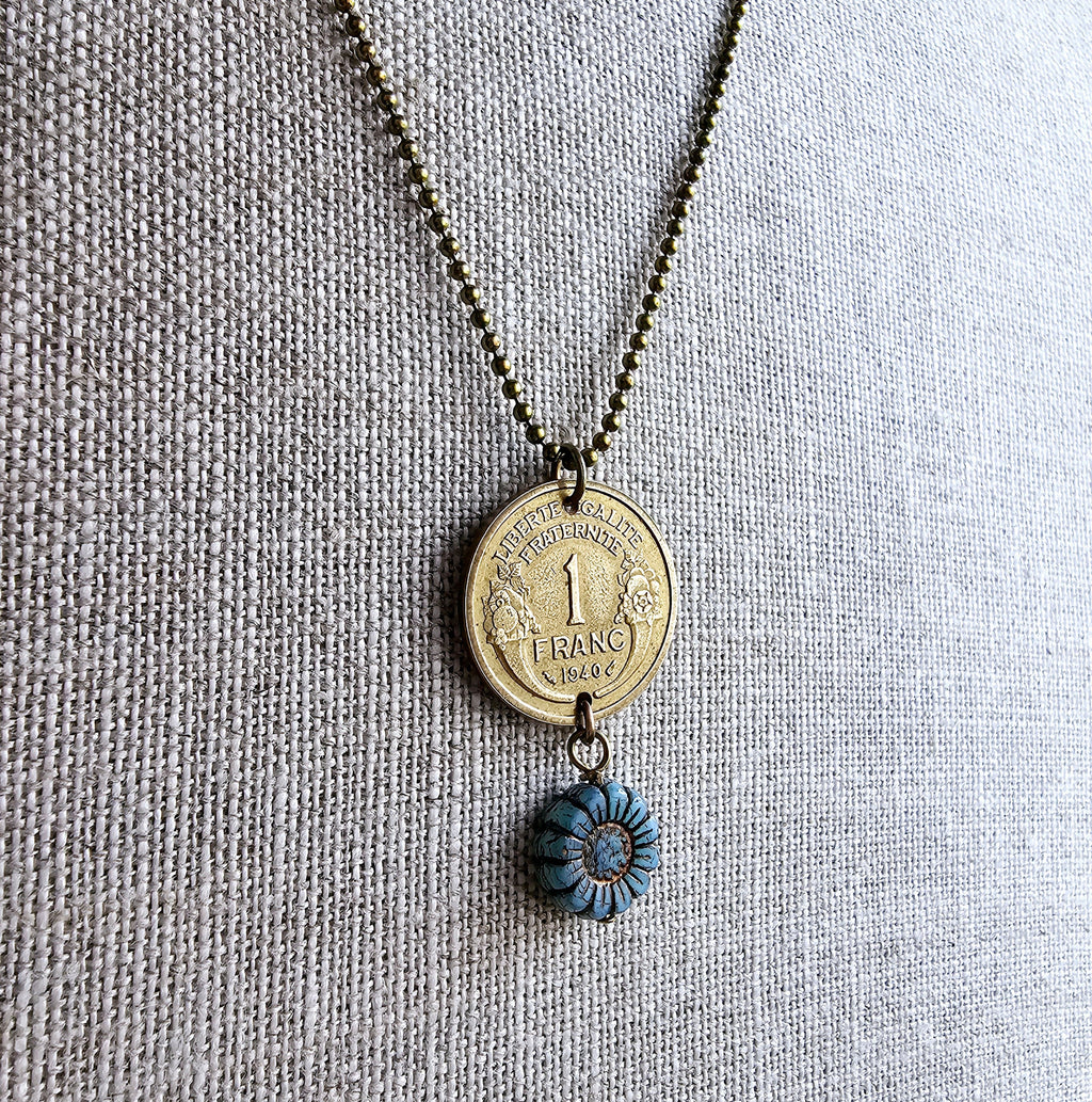 1940 One Franc French Coin Necklace, Made from Genuine Coin from France, Blue Brown Czech Glass Zinnia Flower Bead, Made in USA, Gift Boxed