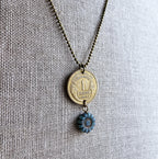 1940 One Franc French Coin Necklace, Made from Genuine Coin from France, Blue Brown Czech Glass Zinnia Flower Bead, Made in USA, Gift Boxed