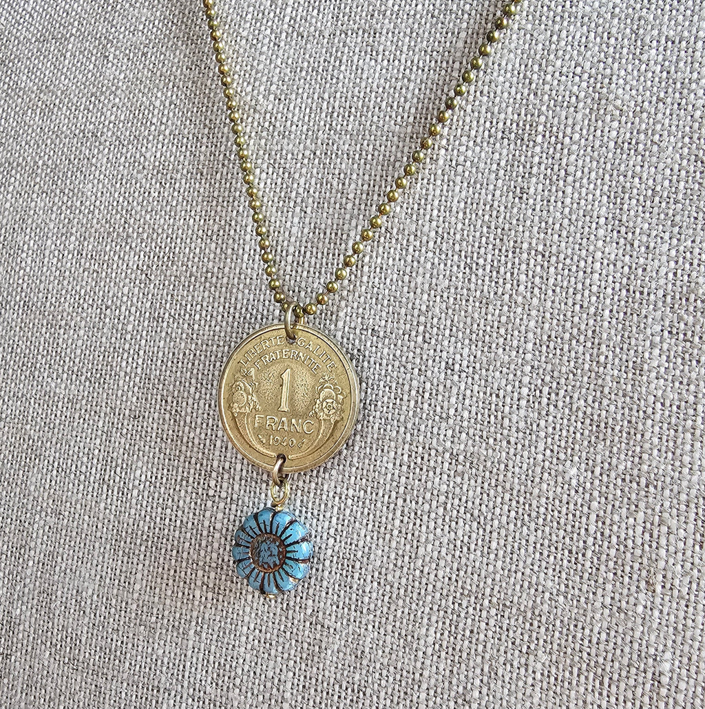 1940 One Franc French Coin Necklace, Made from Genuine Coin from France, Blue Brown Czech Glass Zinnia Flower Bead, Made in USA, Gift Boxed