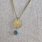1940 One Franc French Coin Necklace, Made from Genuine Coin from France, Blue Brown Czech Glass Zinnia Flower Bead, Made in USA, Gift Boxed