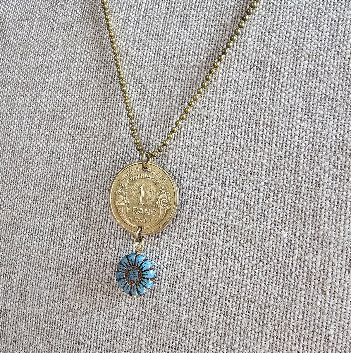 1940 One Franc French Coin Necklace, Made from Genuine Coin from France, Blue Brown Czech Glass Zinnia Flower Bead, Made in USA, Gift Boxed