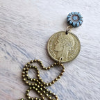1940 One Franc French Coin Necklace, Made from Genuine Coin from France, Blue Brown Czech Glass Zinnia Flower Bead, Made in USA, Gift Boxed