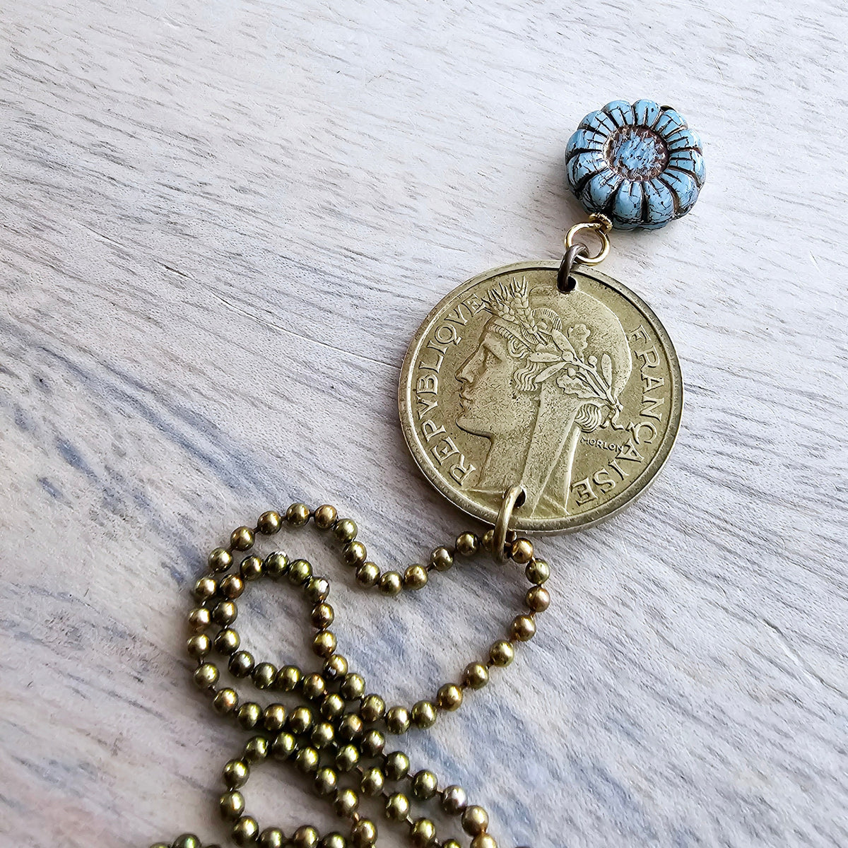 1940 One Franc French Coin Necklace, Made from Genuine Coin from France, Blue Brown Czech Glass Zinnia Flower Bead, Made in USA, Gift Boxed
