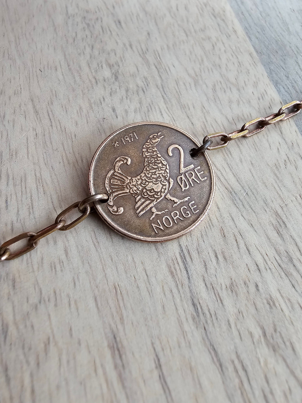 Chicken Bracelet, Crown Coin, Norway 2 Ore Moor Hen, Mint Dates Vary, Brass Paperclip Link Bracelet, Handmade Artisan Jewelry E. Ria Designs