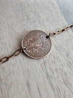 Chicken Bracelet, Crown Coin, Norway 2 Ore Moor Hen, Mint Dates Vary, Brass Paperclip Link Bracelet, Handmade Artisan Jewelry E. Ria Designs