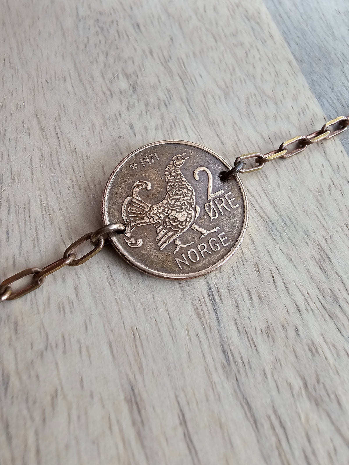 Chicken Bracelet, Crown Coin, Norway 2 Ore Moor Hen, Mint Dates Vary, Brass Paperclip Link Bracelet, Handmade Artisan Jewelry E. Ria Designs