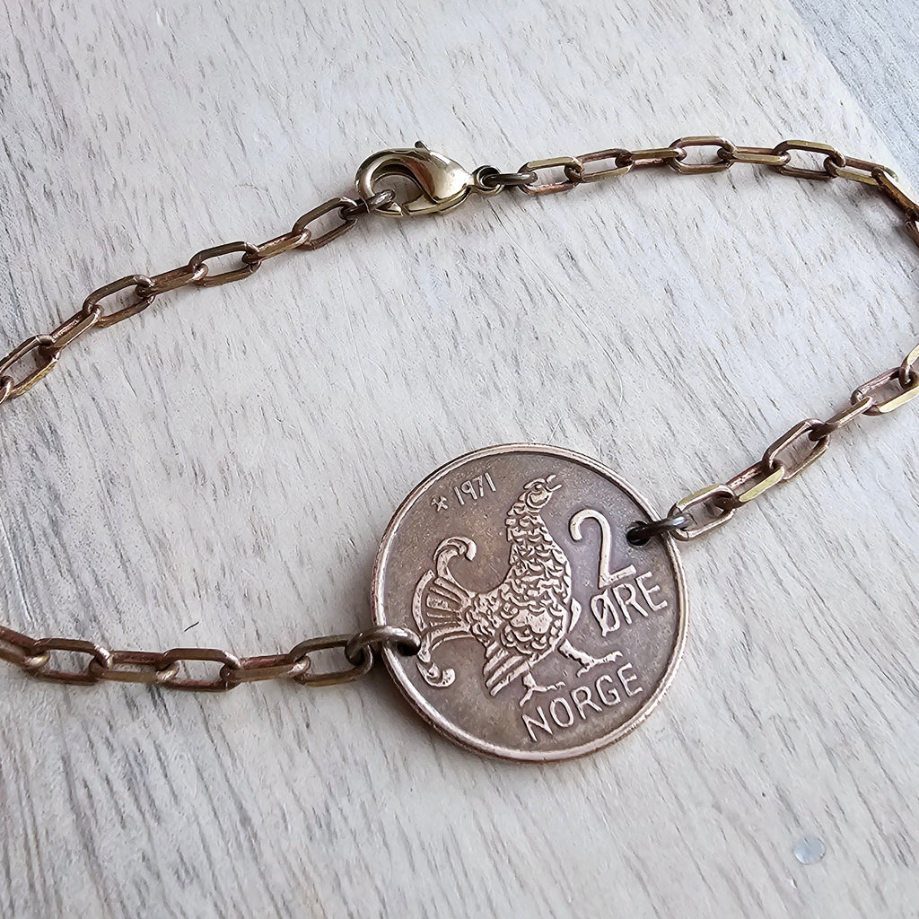 Chicken Bracelet, Crown Coin, Norway 2 Ore Moor Hen, Mint Dates Vary, Brass Paperclip Link Bracelet, Handmade Artisan Jewelry E. Ria Designs