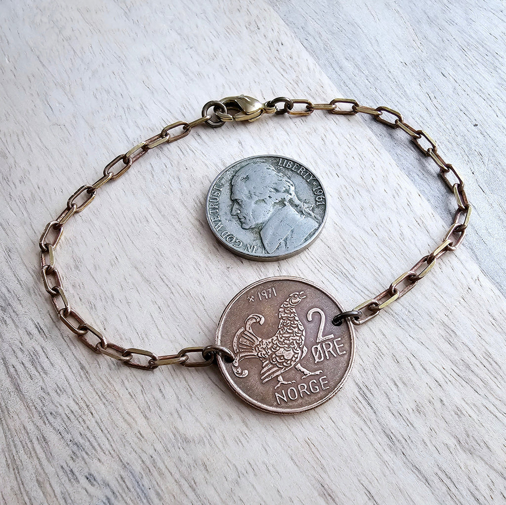 Chicken Bracelet, Crown Coin, Norway 2 Ore Moor Hen, Mint Dates Vary, Brass Paperclip Link Bracelet, Handmade Artisan Jewelry E. Ria Designs