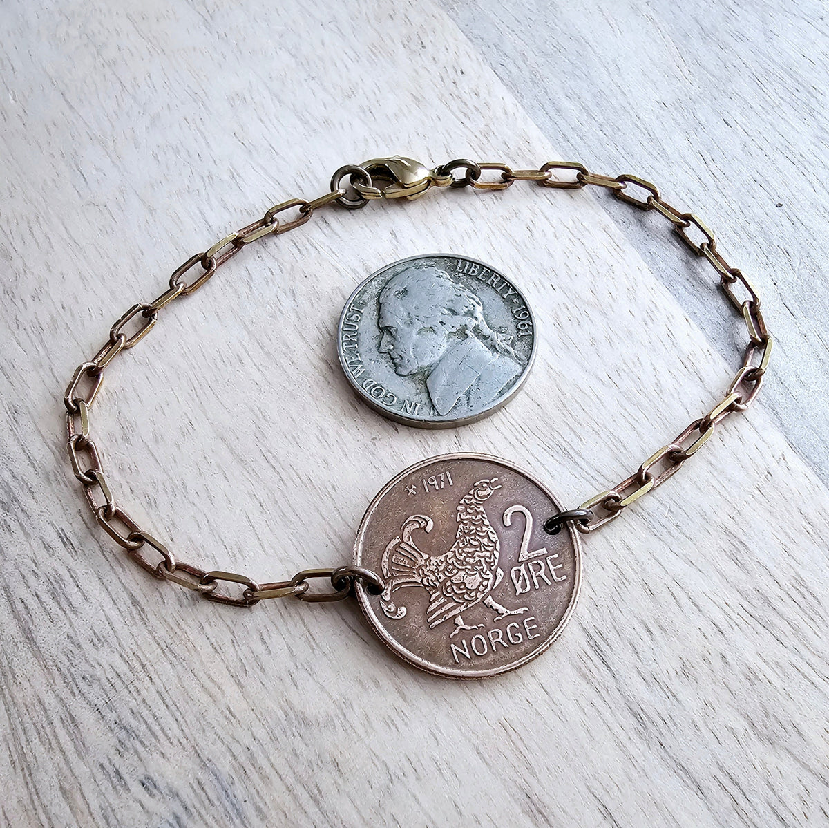 Chicken Bracelet, Crown Coin, Norway 2 Ore Moor Hen, Mint Dates Vary, Brass Paperclip Link Bracelet, Handmade Artisan Jewelry E. Ria Designs