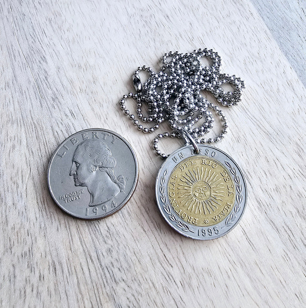 1994 Argentina Gold & Silver Sun Coin Necklace, 1 Peso, Sunshine, Stainless Steel Ball Chain, Gift Boxed, Made in USA by E. Ria Designs