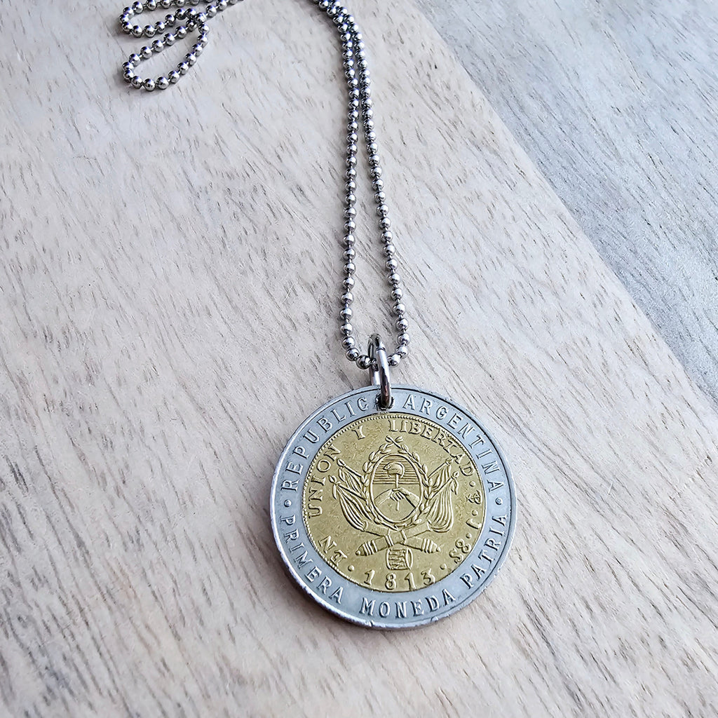 1994 Argentina Gold & Silver Sun Coin Necklace, 1 Peso, Sunshine, Stainless Steel Ball Chain, Gift Boxed, Made in USA by E. Ria Designs