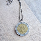 1994 Argentina Gold & Silver Sun Coin Necklace, 1 Peso, Sunshine, Stainless Steel Ball Chain, Gift Boxed, Made in USA by E. Ria Designs