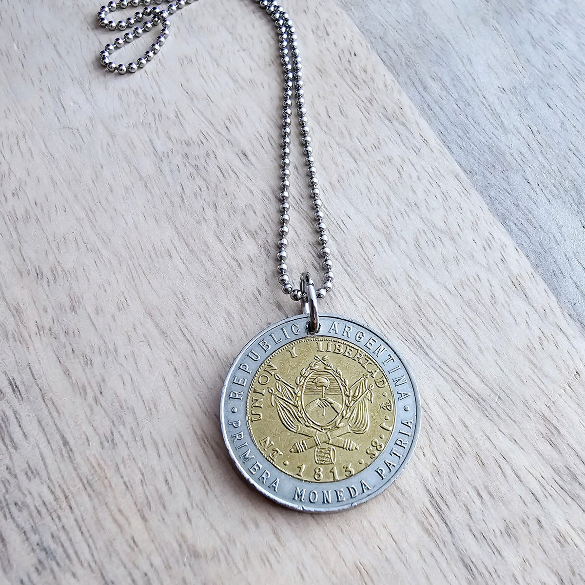 1994 Argentina Gold & Silver Sun Coin Necklace, 1 Peso, Sunshine, Stainless Steel Ball Chain, Gift Boxed, Made in USA by E. Ria Designs