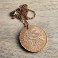 1964 New Zealand One Penny Bird Coin Necklace, One Penny, Large Old Coin, Birthday or Anniversary Gift, Made in USA, Eriadesigns, Gift Boxed