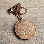 1964 New Zealand One Penny Bird Coin Necklace, One Penny, Large Old Coin, Birthday or Anniversary Gift, Made in USA, Eriadesigns, Gift Boxed