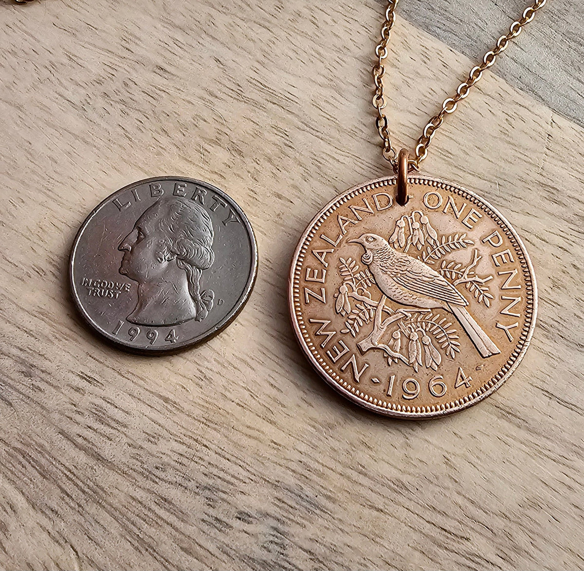 1964 New Zealand One Penny Bird Coin Necklace, One Penny, Large Old Coin, Birthday or Anniversary Gift, Made in USA, Eriadesigns, Gift Boxed