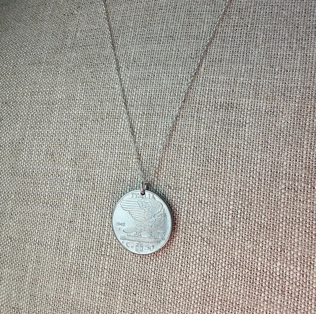 Vintage Italy Coin Necklace, Italia 50 Centesimi, Sterling Silver Cable Chain, 1940 or 1942, Gift Boxed, Handmade in USA, E. Ria Designs