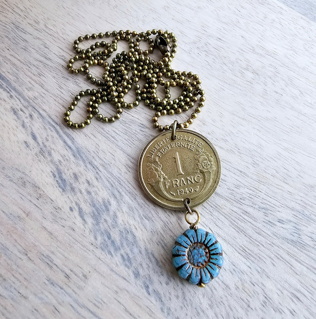 1940 One Franc French Coin Necklace, Made from Genuine Coin from France, Blue Brown Czech Glass Zinnia Flower Bead, Made in USA, Gift Boxed