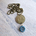 1940 One Franc French Coin Necklace, Made from Genuine Coin from France, Blue Brown Czech Glass Zinnia Flower Bead, Made in USA, Gift Boxed