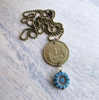 1940 One Franc French Coin Necklace, Made from Genuine Coin from France, Blue Brown Czech Glass Zinnia Flower Bead, Made in USA, Gift Boxed