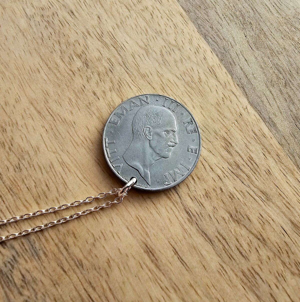 Vintage Italy Coin Necklace, Italia 50 Centesimi, Sterling Silver Cable Chain, 1940 or 1942, Gift Boxed, Handmade in USA, E. Ria Designs