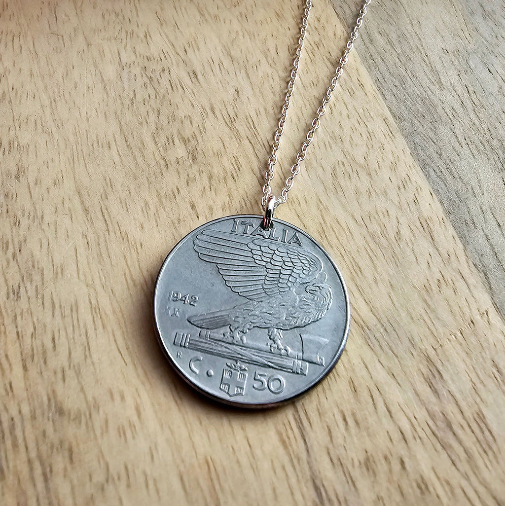 Vintage Italy Coin Necklace, Italia 50 Centesimi, Sterling Silver Cable Chain, 1940 or 1942, Gift Boxed, Handmade in USA, E. Ria Designs