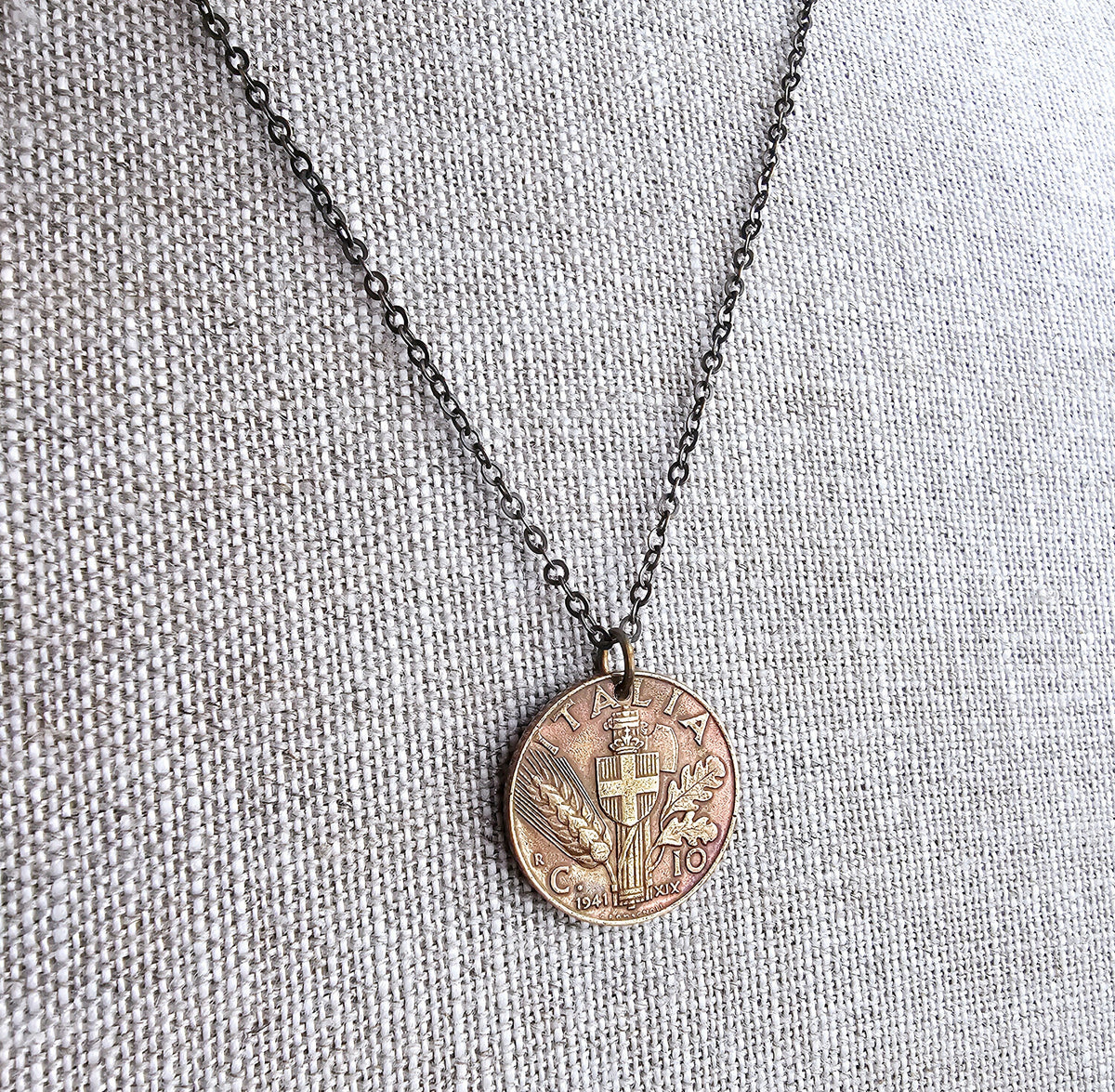 1941 Vintage Italia (Italy) 10 Centesimi Coin Necklace, Shield, Wheat, Oak Leaf Design, Italian Gift Boxed Jewelry, Made in USA